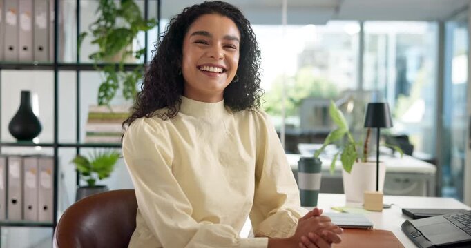 Face, confidence and woman at desk, smile and skills growth with career ambition, ad agency and pride. Portrait, happy person or sales consultant in modern office, creativity for project and admin