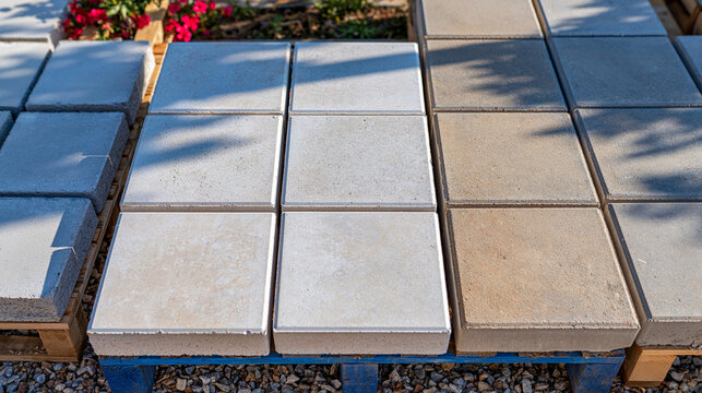 Top down view of assorted concrete masonry blocks arranged on pallets outdoors, aerated concrete, foam concrete, lightweight aggregate blocks and traditional dense concrete blocks grouped separately