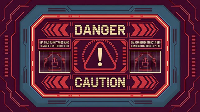 Attention hud frames. Danger alert red sign, warning frame tech system digital screen error caution button retro futuristic cyber security high exclamation text vector illustration  