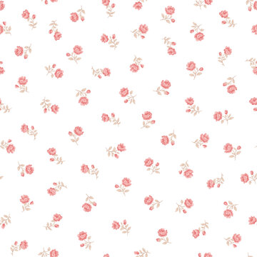 Seamless floral pattern cute soft red pink bloom rose branch with leaves. Romantic vintage botanical design fabric print, fashion textile, wallpaper, wrapping background nature ditsy garden vector art