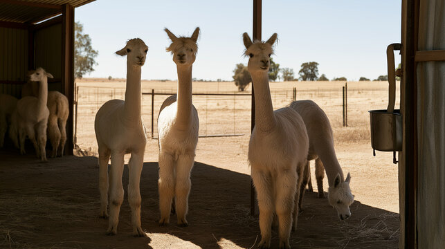 Alpacas standing in barn doorway on sunny day