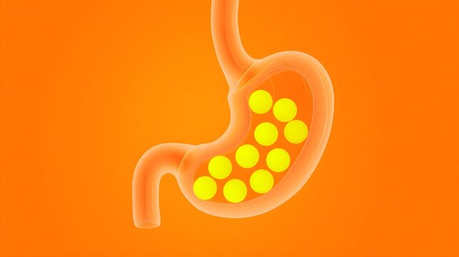 3D cartoon illustration of human stomach with green acid and gas bubbles on bright orange background representing bloating, indigestion, acidity, gastrointestinal discomfort, and digestive problems 