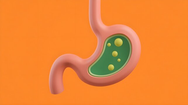 3D cartoon illustration of human stomach with green acid and gas bubbles on bright orange background representing bloating, indigestion, acidity, gastrointestinal discomfort, and digestive problems 