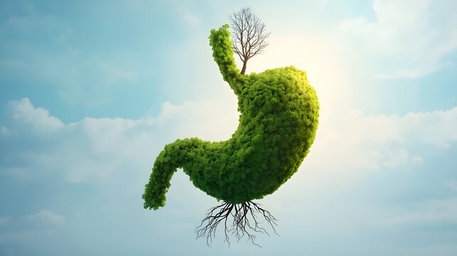 The human stomach is strong. The internal organs are shaped by green trees. (environment)