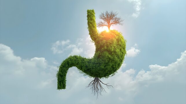 The human stomach is strong. The internal organs are shaped by green trees. (environment)
