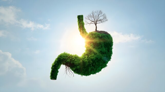 The human stomach is strong. The internal organs are shaped by green trees. (environment)