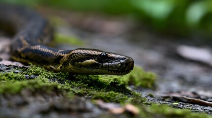 Fototapeta premium A large snake with detailed scales rests on mossy ground in a forest setting head turned slightly with focused eye