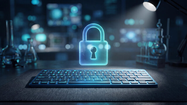 Cyber security digital padlock hologram floats above a computer keyboard in a high-tech laboratory environment.