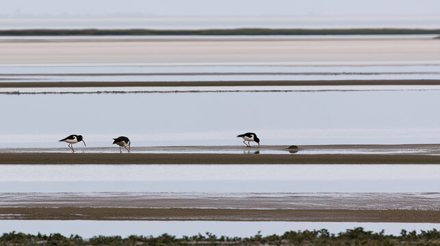 Three birds foraging on a wet mudflat