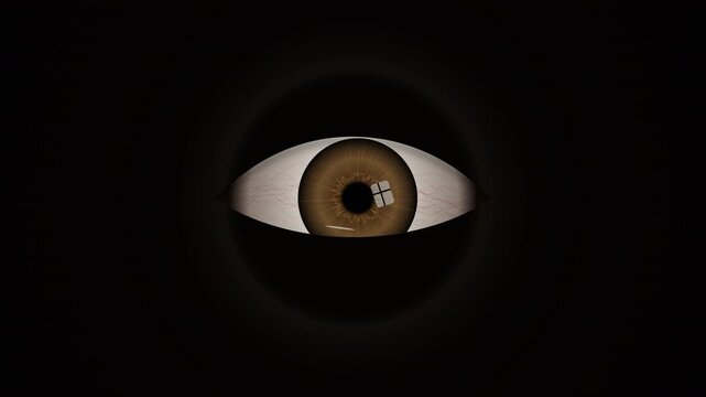Cinematic 4K 10-second loop of a single, highly detailed photorealistic human eye opening from pitch black darkness. Features macro details of the iris, procedural blood veins, dynamic pupil dilation,