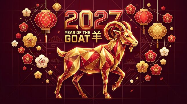 2027 chinese new year of the goat gold geometric illustration