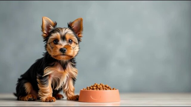 A small dog sitting next to a bowl of food, ready to eat