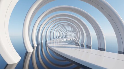 Obraz premium Abstract white circular corridor tunnel featuring reflective glossy floor surfaces under a clear blue sky background