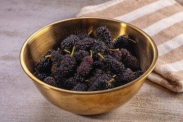 Fresh mulberries in golden bowl on textured surface with striped cloth © Andrei Starostin