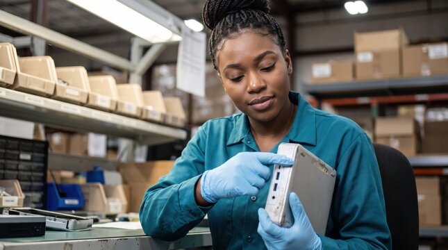Young Black electronics technician wearing blue gloves examines visible ports on a compact used computer, identifying damage and upgrade potential before refurbishment, reuse, or material recovery