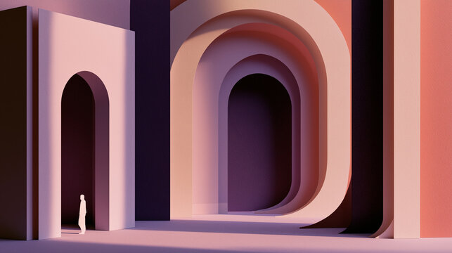 Human silhouette standing in nested archways with warm lighting