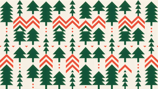 Repeating Christmas Tree pattern with zigzag and dots on cream background festive holiday design