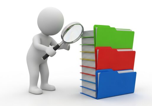 3d figure examining colorful folders in a filing cabinet