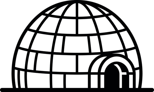 A simple black and white line art illustration of an igloo house made of ice blocks for winter concept designs