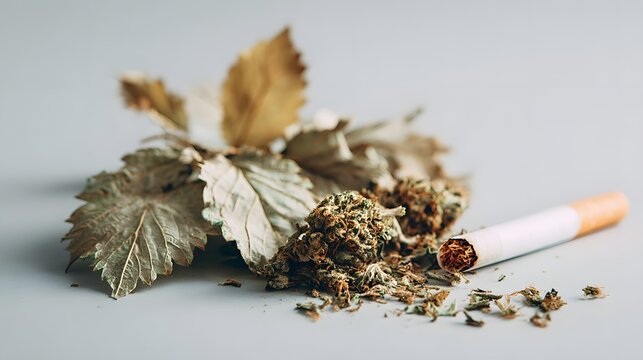 Pile of dried marijuana leaves with a cigarette close up.
