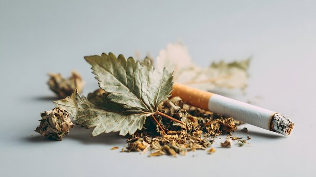 Pile of dried marijuana leaves with a cigarette close up.