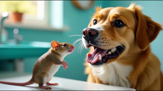 A dog and mouse sitting together on a table, an unlikely friendship