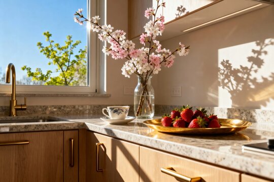 Sunlit kitchen counter with cherry blossoms in vase, fresh strawberries, and natural light from window