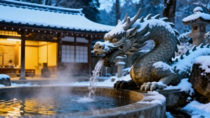 Obraz premium Snow-covered dragon statue spouting water into a stone basin at a traditional Japanese temple in winter