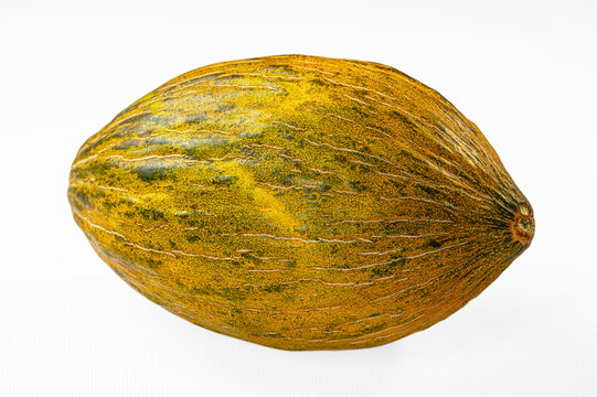 Piel de sapo melon on white background, yellow green textured skin with netting pattern