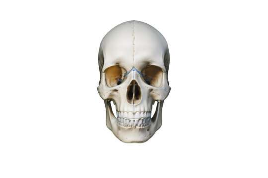 Realistic human skull photo, front view anatomy model, isolated on white background for medical education and design