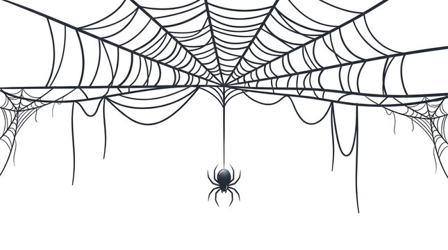 Creepy spider web with hanging spider isolated on white background