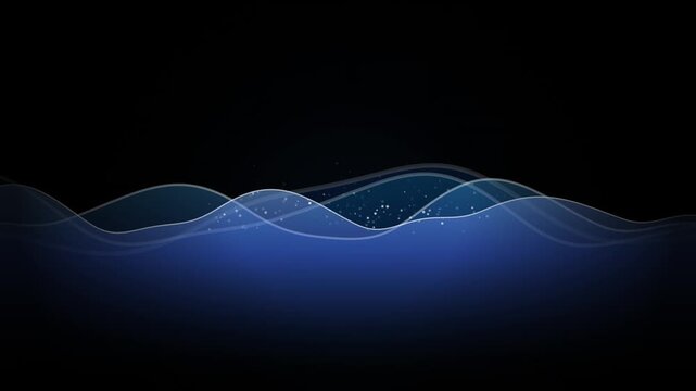 Glowing blue fluid waves and sparkling particle stream animation on a dark background - 4K video