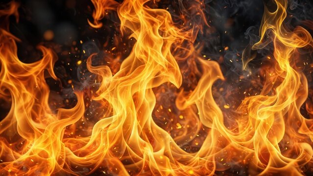 Intense orange and yellow flames dance and flicker against a dark, smoky background, with glowing embers scattered throughout