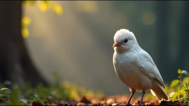 A white bird perched on top of a ground covered with leaves