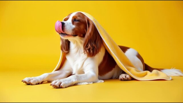 A brown and white dog sitting under a warm yellow blanket