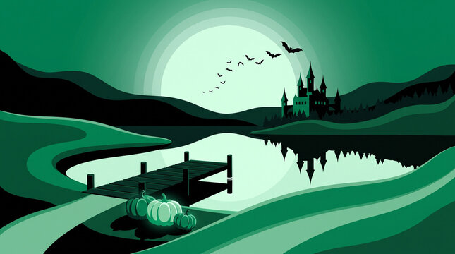 Green Spooky Castle Reflecting In Calm Lake With Full Moon