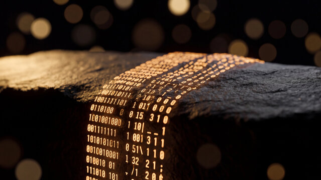 Binary code sequence glowing with golden light flows across the rough surface of a dark stone block to symbolize the intersection of ancient history and modern digital information architecture.