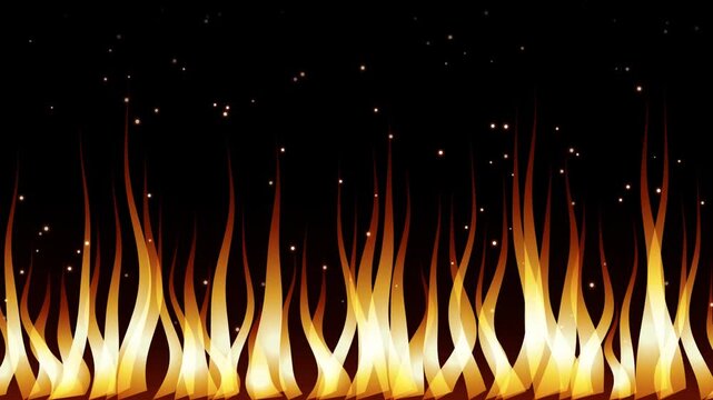 Stylized Fire Tendrils Rising Sparks Flame Wall Lower Border Motion Graphic Isolated Black Background 4K Video