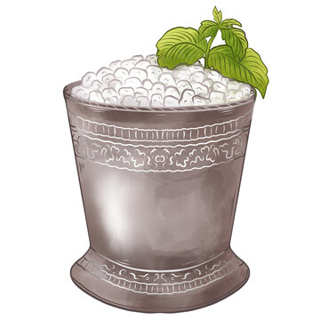 Hand painted digital watercolor Mint Julep cocktail in silver cup isolated on transparent background.