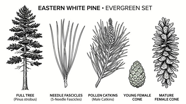 Very beautiful black and white realistic vector set of Eastern White Pine (Pinus strobus) featuring the tall tree, needle clusters, pollen cones, and pine cones, EASTERN WHITE PINE &bull; EVERGREEN SET, is