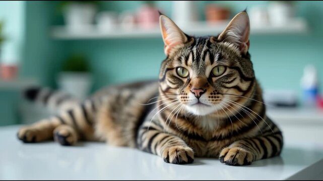 A tabby cat relaxing on top of a counter, a common domestic scene