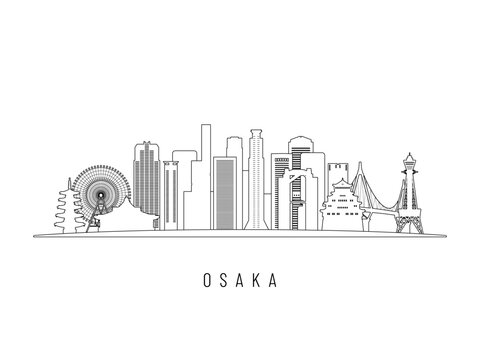 Detailed Osaka skyline vector illustration. Osaka buildings in line art style, perfect for modern designs.