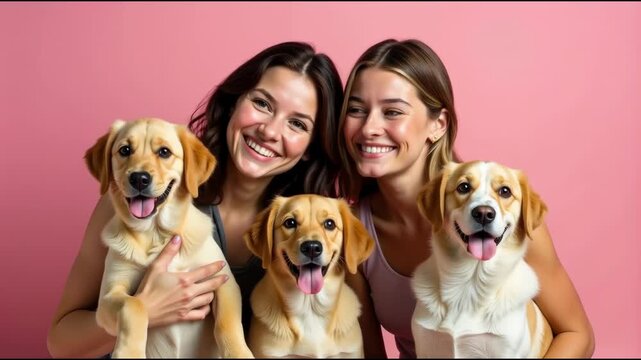 Group of women posing with their dogs, a fun and lighthearted moment