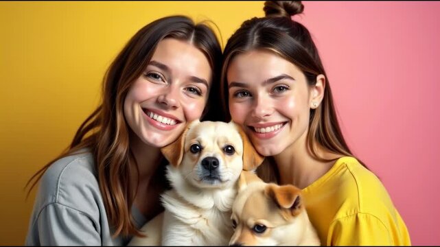 Two women holding dogs, smiling for a  shoot