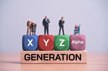 Obraz premium Generation X Y Z and Alpha concept showing different age groups and demographic diversity across generations for workforce analysis, consumer research, social trends and generational change.
