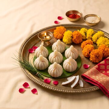 Traditional sweet steamed modak dumplings served on a brass plate with marigold flowers and oil lamp for Ganesh Chaturthi festival celebration in India.