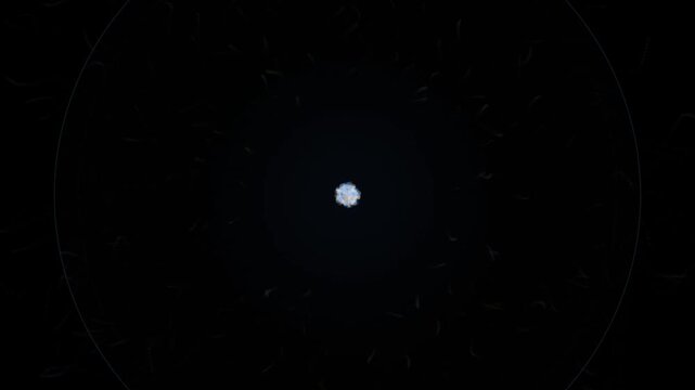 Futuristic Cyber Core Radial Particle Burst with Concentric HUD Rings, Glowing Blue Orb, and Spreading Energy Sparks Motion Graphic Overlay 4k video