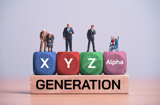 Generation X Y Z and Alpha concept showing different age groups and demographic diversity across generations for workforce analysis, consumer research, social trends and generational change.
