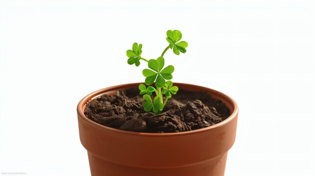 Green Clover Plant Sprouting From Dark Soil In A Terra Cotta Pot Against A Clean White Background
