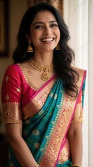 Naklejka premium Beautiful Indian woman smiles joyfully, dressed in traditional teal and pink saree with gold jewelry. Her radiant charm and ethnic attire express pure happiness and cultural elegance.